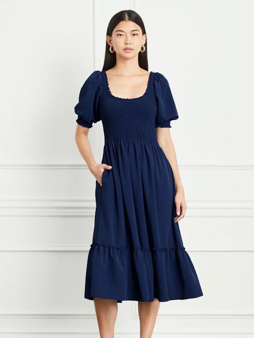 Hill House Home The Nap Dress Louisa Navy Smocked Puff Sleeve Midi Size 2XL